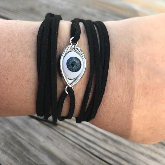 Tie Wrap Evil Eye Protection Silver Bracelet Cuff Yoga Boho Cord Bohemian Gift - Picture 4 of 9